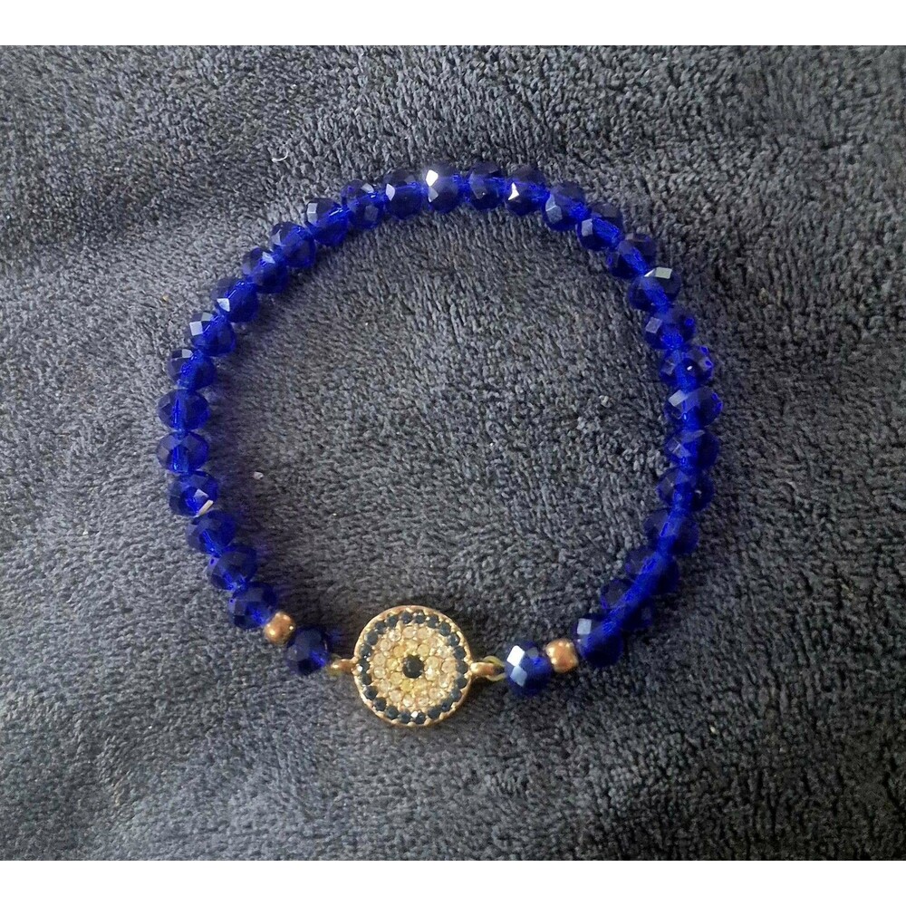 blue beaded evil eye stretch bracelet